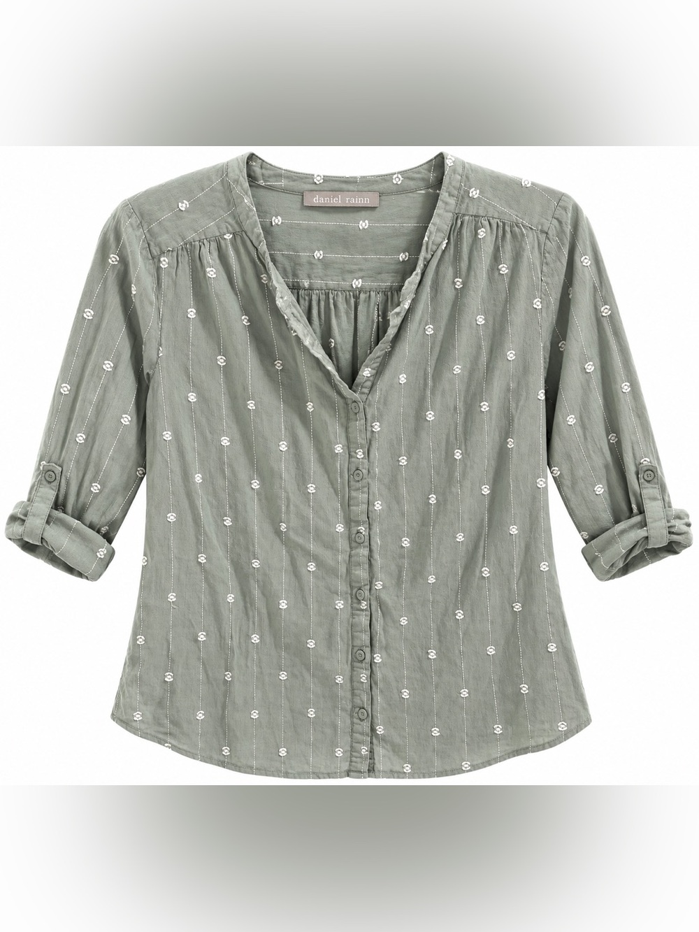 Daniel Rainn Medium Sage Green Embroidered Button Front Blouse NWOT